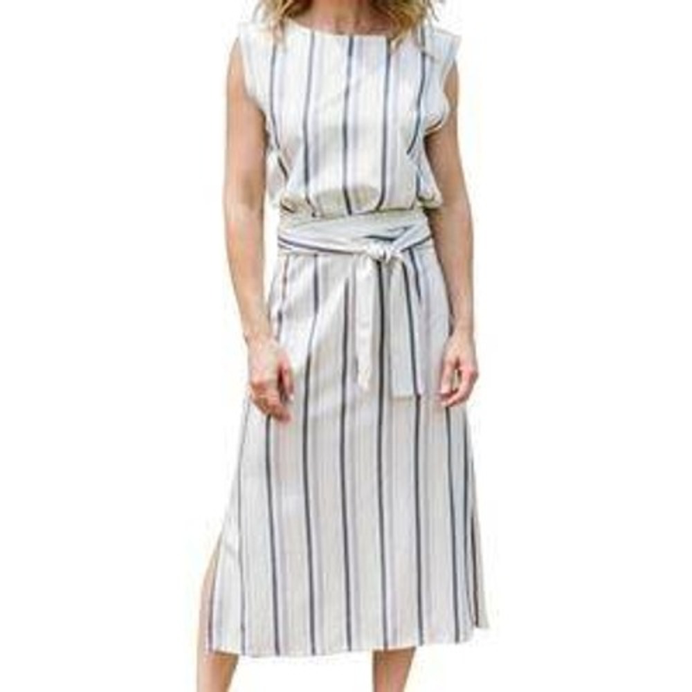 Cupcakes and Cashmere Striped Sleeveless Midi Dress Tie Waist 100% Rayon S